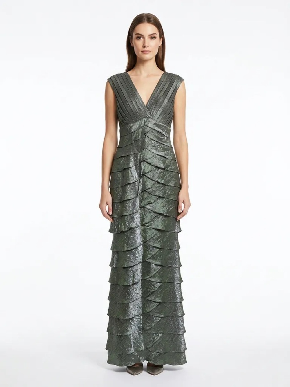 Adrianna Papell Iridescent Green Layered Evening Maxi Gown Size 8